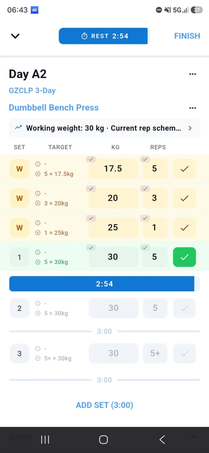 Active workout logger with completed sets and rest timer
