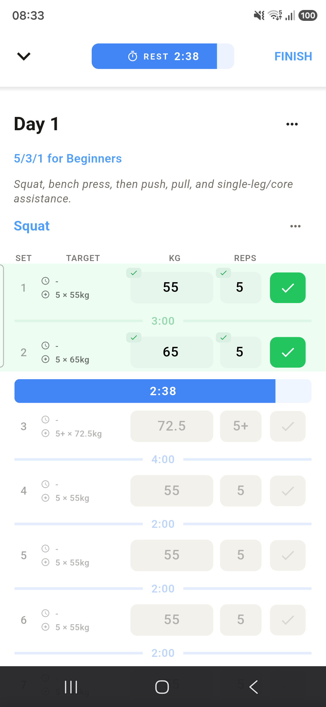 Workout logging screen