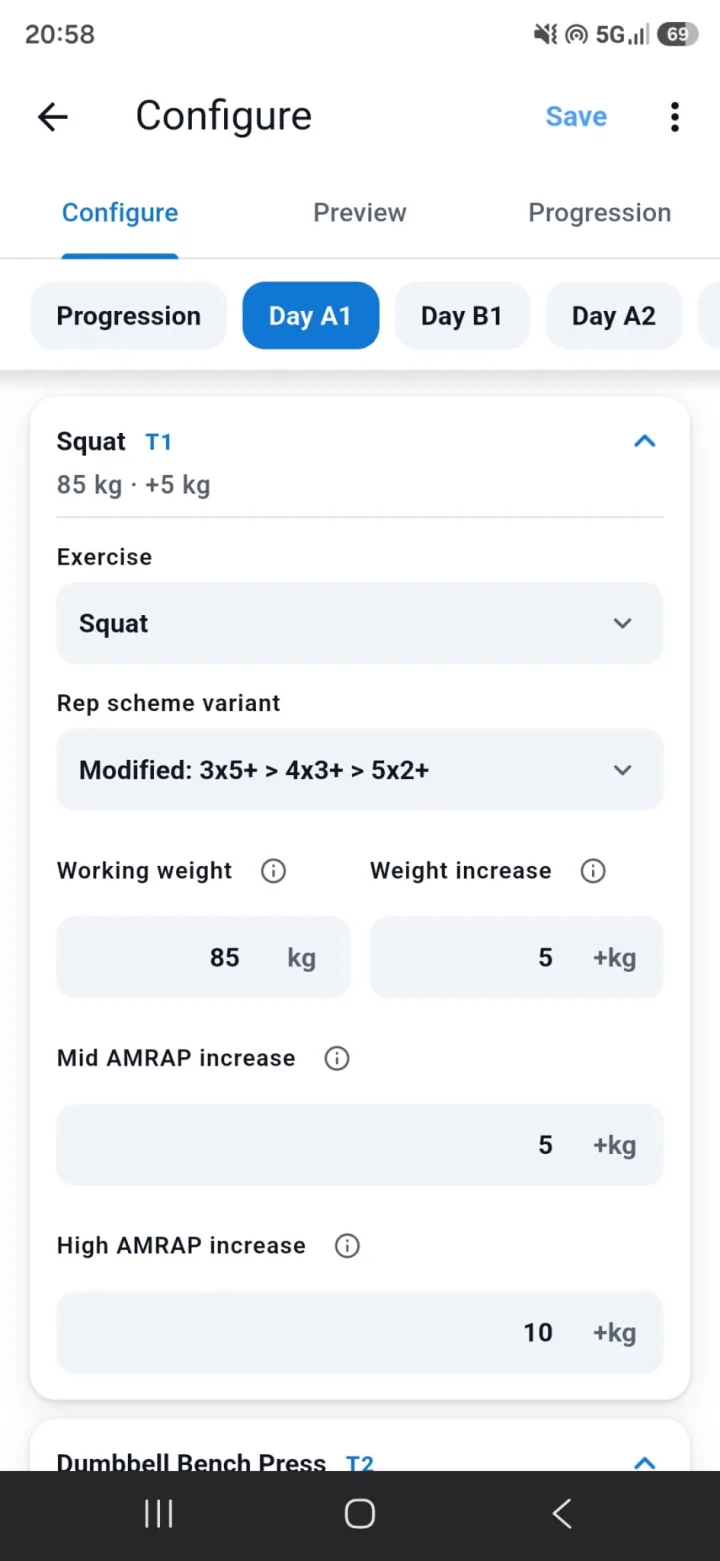 GZCLP configuration screen with progression settings