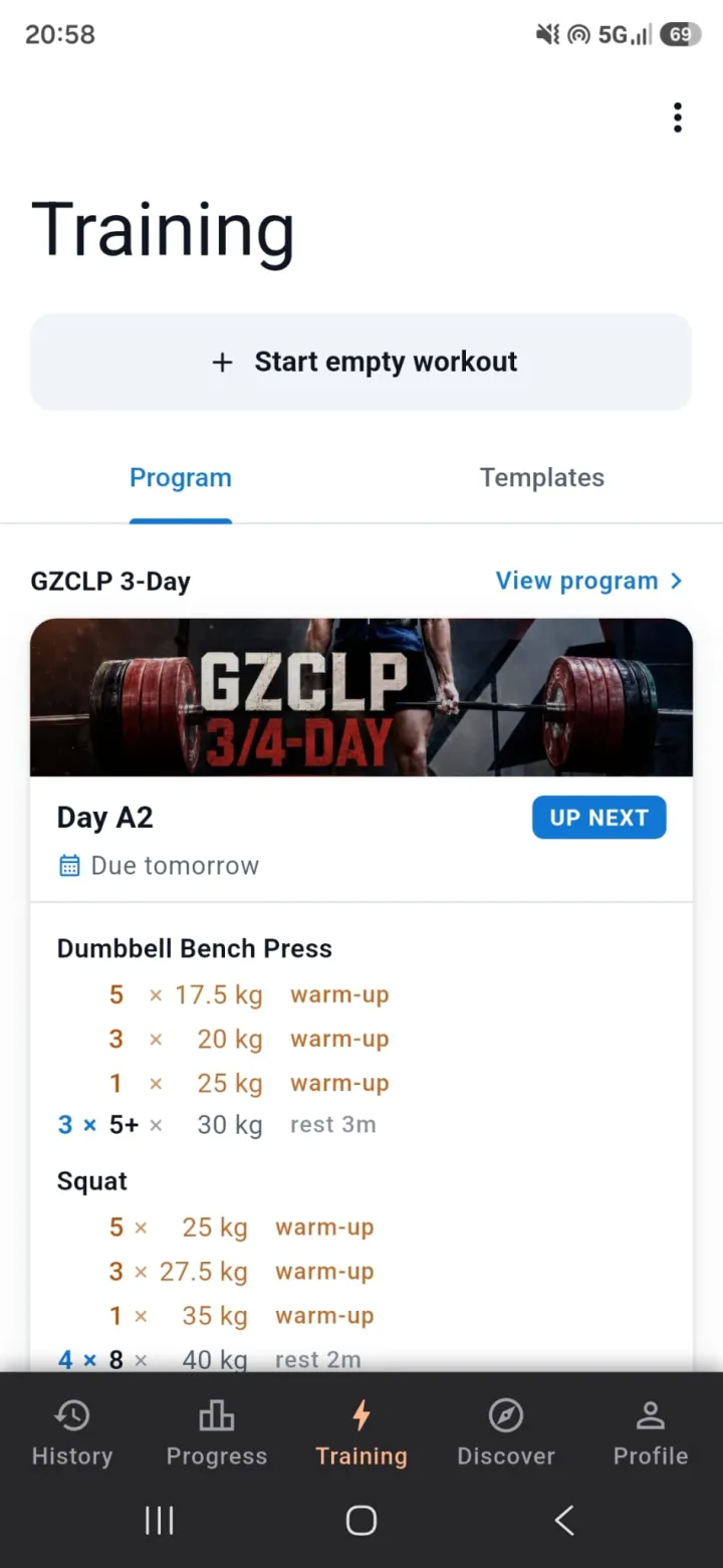 Training tab showing the next GZCLP workout